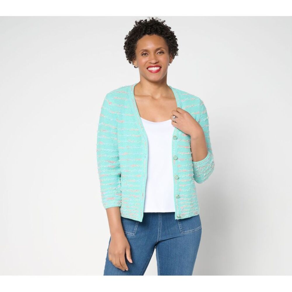 SUNNYLiFE Women's Top Plus Sz Sweater 1X Stripe Eyelash Yarn Button Green